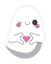 Load image into Gallery viewer, Heart Ghost applique envelope style ITH Mug rug machine embroidery design (4 sizes included) DIGITAL DOWNLOAD