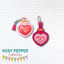 Load image into Gallery viewer, Heart Potion applique snap tab and eyelet fob (single and multi files included) machine embroidery file DIGITAL DOWNLOAD