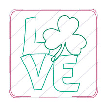 Load image into Gallery viewer, Love Shamrock raw edge applique mug rug machine embroidery design (4 sizes, envelope and turned styles included) DIGITAL DOWNLOAD