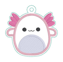 Load image into Gallery viewer, Axolotl Squishy snap tab and eyelet fob machine embroidery file (single and multi files included) DIGITAL DOWNLOAD