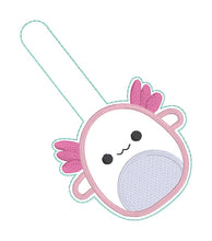 Load image into Gallery viewer, Axolotl Squishy snap tab and eyelet fob machine embroidery file (single and multi files included) DIGITAL DOWNLOAD