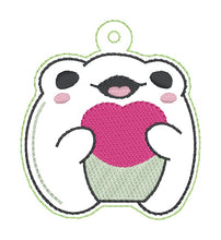 Load image into Gallery viewer, Heart Frog snap tab and eyelet fob May 2024 Mystery Bundle machine embroidery file (single and multi files included)