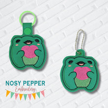 Load image into Gallery viewer, Heart Frog snap tab and eyelet fob May 2024 Mystery Bundle machine embroidery file (single and multi files included)