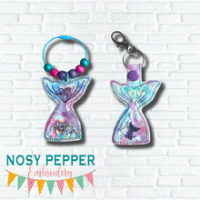 Load image into Gallery viewer, Mermaid applique shaker snap tab and eyelet fob machine embroidery file (single and multi files included) DIGITAL DOWNLOAD