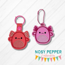Load image into Gallery viewer, Axolotl Squishy snap tab and eyelet fob machine embroidery file (single and multi files included) DIGITAL DOWNLOAD