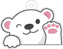 Load image into Gallery viewer, Waving Bear snap tab and eyelet fob machine embroidery file (single and multi files included) DIGITAL DOWNLOAD