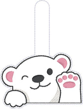 Load image into Gallery viewer, Waving Bear snap tab and eyelet fob machine embroidery file (single and multi files included) DIGITAL DOWNLOAD