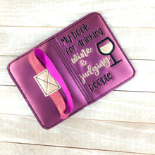 Load image into Gallery viewer, Drinking wine and judging applique notebook cover (2 sizes available) machine embroidery design DIGITAL DOWNLOAD