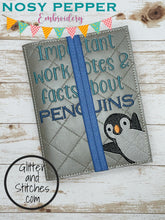 Load image into Gallery viewer, Facts about penguins notebook cover (2 sizes available) machine embroidery design DIGITAL DOWNLOAD
