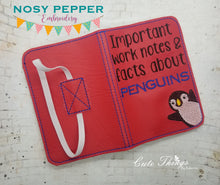 Load image into Gallery viewer, Facts about penguins notebook cover (2 sizes available) machine embroidery design DIGITAL DOWNLOAD