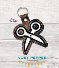 Load image into Gallery viewer, Scissors applique snap tab (single and multi files included) machine embroidery design DIGITAL DOWNLOAD