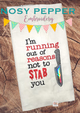Load image into Gallery viewer, I'm running out of reasons not to stab you applique machine embroidery design (4 sizes included) DIGITAL DOWNLOAD