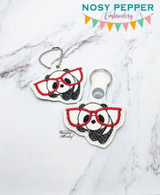 Load image into Gallery viewer, Panda Glasses Key Fob & Snap Tab machine embroidery design (single & multi files included) DIGITAL DOWNLOADPanda Glasses Key Fob & Snap Tab sketchy