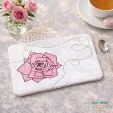 Load image into Gallery viewer, Geo Rose mug rug (2 versions &amp; 4 sizes included) machine embroidery design DIGITAL DOWNLOAD