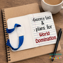 Load image into Gallery viewer, Grocery List and World Domination notebook cover (2 sizes available) machine embroidery design DIGITAL DOWNLOAD