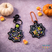 Load image into Gallery viewer, Spider Web Shaker snap tab and eyelet fob machine embroidery file (single and multi files included) DIGITAL DOWNLOAD