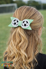 Load image into Gallery viewer, Soccer ITH Bow (2 sizes included) machine embroidery design DIGITAL DOWNLOAD