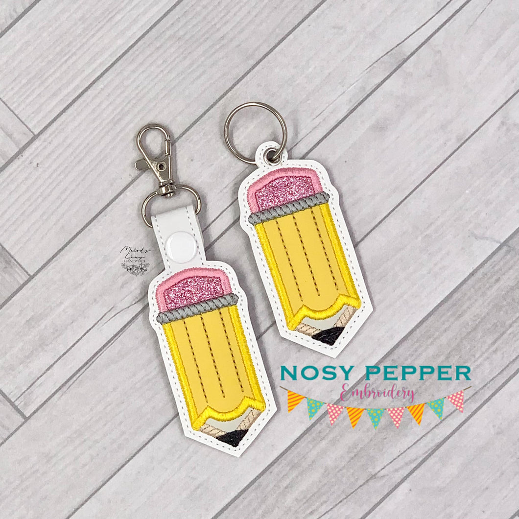 Pencil Applique snap tab and eyelet fob machine embroidery file (single and multi files included)  DIGITAL DOWNLOAD
