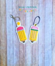 Load image into Gallery viewer, Pencil Applique snap tab and eyelet fob machine embroidery file (single and multi files included)  DIGITAL DOWNLOAD