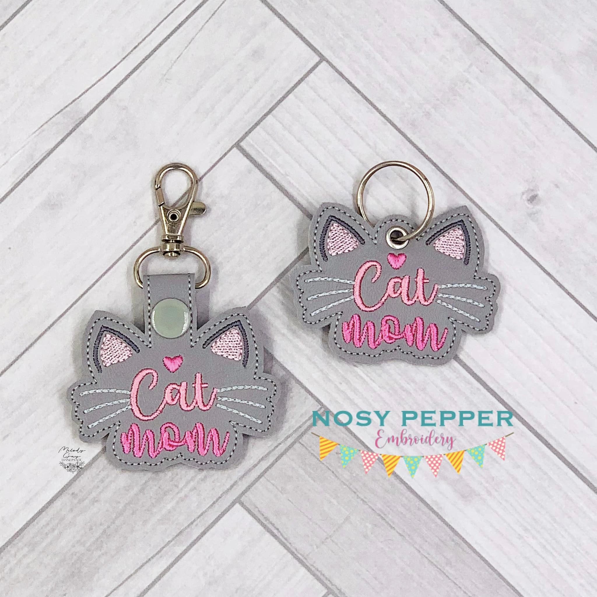 Cat Mom snap tab and eyelet fob machine embroidery file (single and mu ...