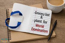 Load image into Gallery viewer, Grocery List and World Domination notebook cover (2 sizes available) machine embroidery design DIGITAL DOWNLOAD
