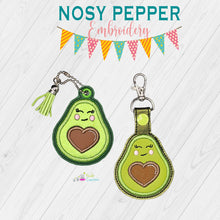 Load image into Gallery viewer, Avocado Heart applique snap tab and eyelet fob machine embroidery file (single and multi files included) DIGITAL DOWNLOAD