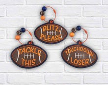 Load image into Gallery viewer, Football appliqué bag tag set (3 designs included) machine embroidery design DIGITAL DOWNLOAD