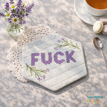 Load image into Gallery viewer, Fuck Cross-Stitch style hexie mug rug machine embroidery design Fall 25 Mature Mystery Bundle (4 sizes, envelope and turned styles included) DIGITAL DOWNLOAD