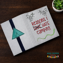 Load image into Gallery viewer, Reasons I hate Camping notebook cover (2 sizes available) machine embroidery design DIGITAL DOWNLOAD