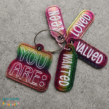 Load image into Gallery viewer, You Are bagtag charm set (4 charm designs and bagtag included) machine embroidery design DIGITAL DOWNLOAD