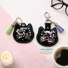 Load image into Gallery viewer, Cat shaker snap tab and eyelet fob machine embroidery file (single and multi files included) DIGITAL DOWNLOAD