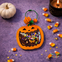 Load image into Gallery viewer, Jack-O-Lantern shaker bookmark/ornament/bag tag machine embroidery design DIGITAL DOWNLOAD