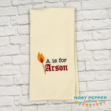 Load image into Gallery viewer, A Is For Arson machine embroidery design (5 sizes included) DIGITAL DOWNLOAD