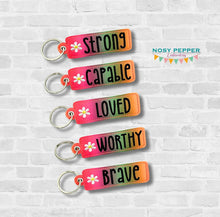 Load image into Gallery viewer, Affirmation eyelet fob set machine embroidery file (5 designs) Sept Mystery Bundle &#39;24 DIGITAL DOWNLOAD