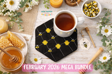 Load image into Gallery viewer, Bee Hive Hexi envelope style ITH Mug rug machine embroidery design (4 sizes included) DIGITAL DOWNLOAD