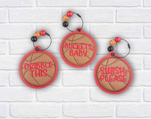 Load image into Gallery viewer, Basketball appliqué bag tag set (3 designs included) machine embroidery design DIGITAL DOWNLOAD