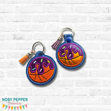 Load image into Gallery viewer, Basketball Drip Applique snap tab and eyelet fob machine embroidery design DIGITAL DOWNLOAD