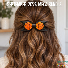 Load image into Gallery viewer, Basketball applique ITH Bow (2 sizes included) machine embroidery design DIGITAL DOWNLOAD