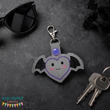 Load image into Gallery viewer, Heart Bat Snap tab machine embroidery design DIGITAL DOWNLOAD