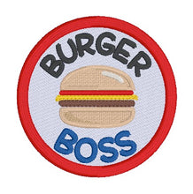 Load image into Gallery viewer, Burger Boss patch (2 sizes included) machine embroidery design DIGITAL DOWNLOAD