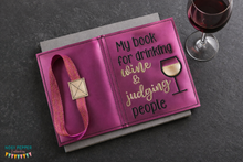 Load image into Gallery viewer, Drinking wine and judging applique notebook cover (2 sizes available) machine embroidery design DIGITAL DOWNLOAD