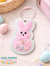 Load image into Gallery viewer, Marshmallow Bunny applique shaker bookmark/ornament/bag tag machine embroidery design MB Feb '24 DIGITAL DOWNLOAD