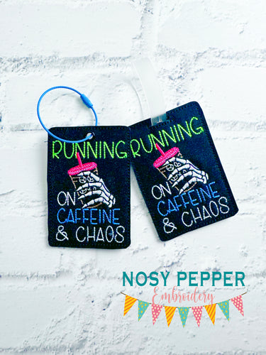 Caffeine and Chaos luggage tag (2 versions) machine embroidery design DIGITAL DOWNLOAD