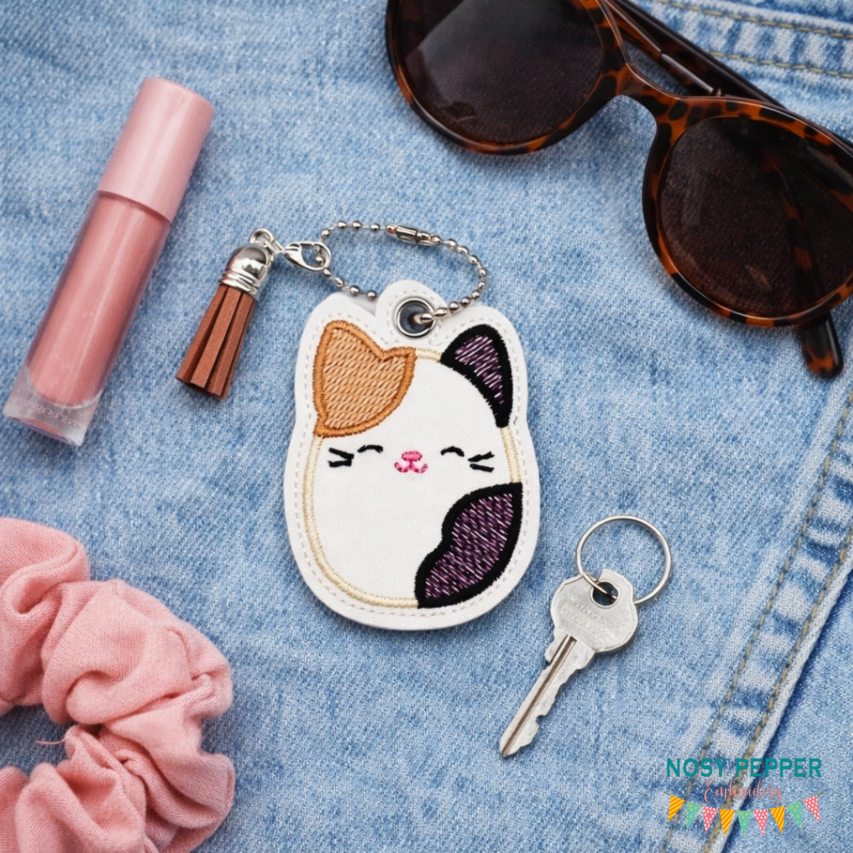 Calico Squishy snap tab and eyelet fob machine embroidery file (single ...