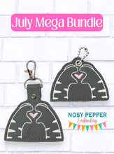 Load image into Gallery viewer, Cat Love snap tab and eyelet fob July Patreon Bundle machine embroidery file (single and multi files included)