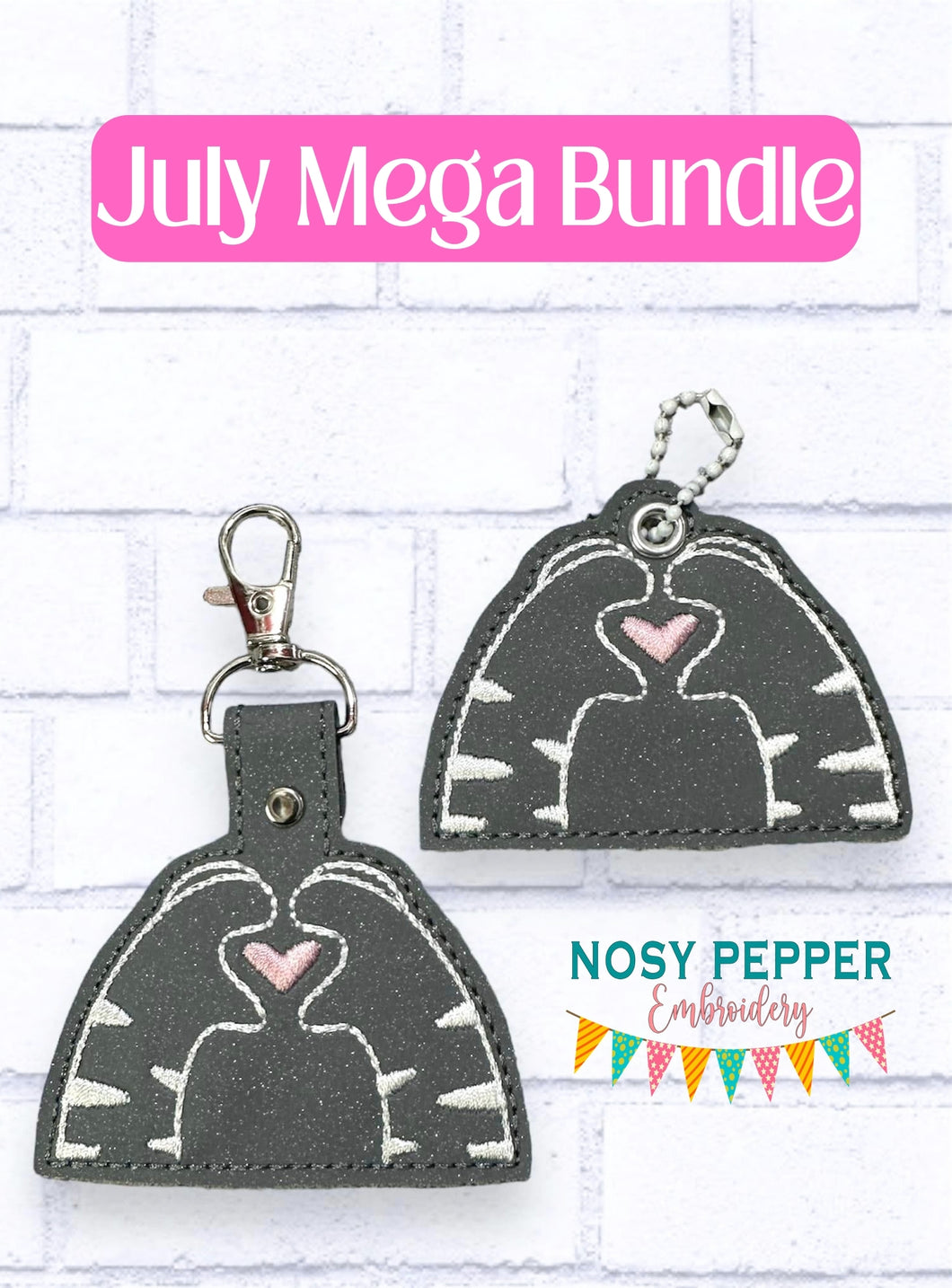 Cat Love snap tab and eyelet fob July Patreon Bundle machine embroidery file (single and multi files included)