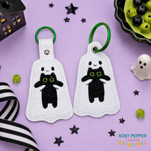 Load image into Gallery viewer, Ghost With Cat snap tab and eyelet fob set with charm (single and multi files included) machine embroidery design DIGITAL DOWNLOAD