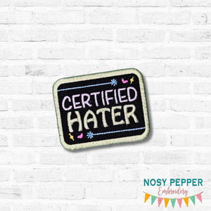 Certified Hater patch (2 sizes included) machine embroidery design DIGITAL DOWNLOAD