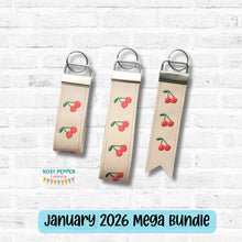 Load image into Gallery viewer, Cherry fob set machine embroidery file (3 sizes, single and multi files included) DIGITAL DOWNLOAD