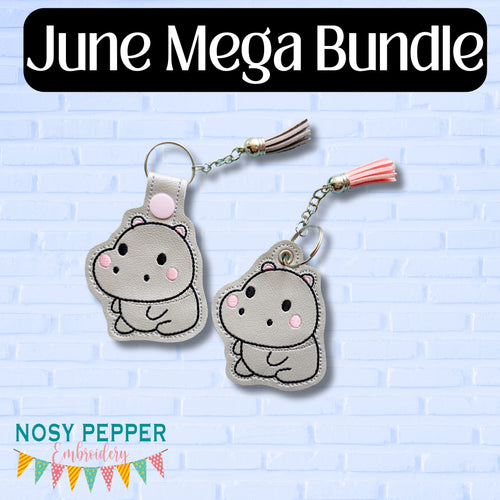 Chonky Hippo snap tab and eyelet fob June 2024 Mystery Bundle machine embroidery file (single and multi files included)